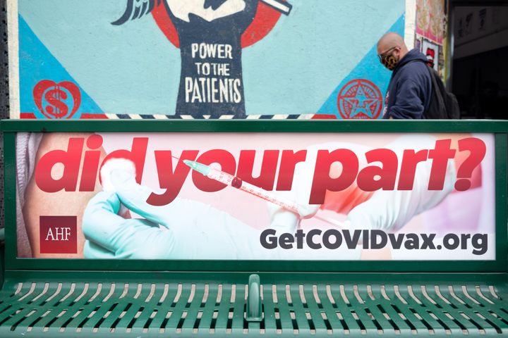A bus bench ad encourages people to get the COVID-19 vaccine on Melrose Avenue amid the coronavirus pandemic on April 22, 2021, in Los Angeles, California. 