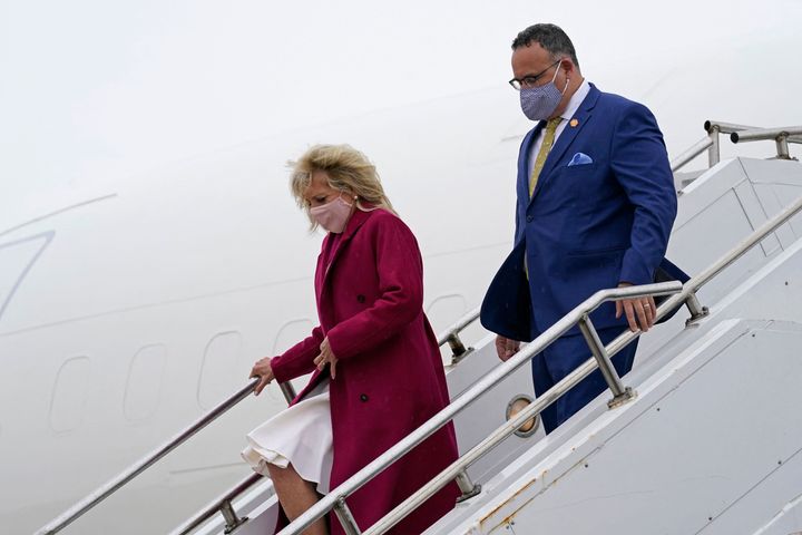 First lady Jill Biden and Education Secretary Miguel Cardona arrive at Quad Cities International Airport in Moline, Illinois, on April 19, 2021. Biden and Cardona will be touring the Sauk Valley Community College in Dixon. 