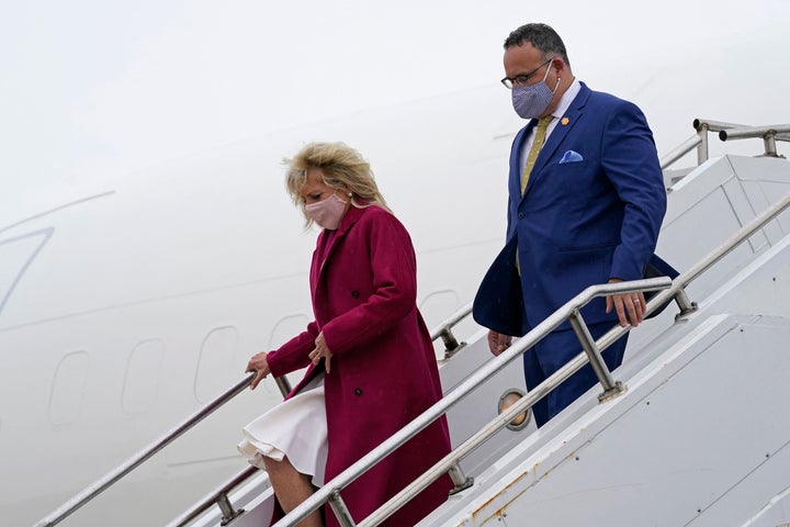 First lady Jill Biden and Education Secretary Miguel Cardona arrive at Quad Cities International Airport in Moline, Illinois, on April 19, 2021. Biden and Cardona will be touring the Sauk Valley Community College in Dixon.