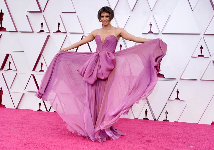 Halle Berry arrives at the Oscars on Sunday, April 25, 2021 in Los Angeles. 