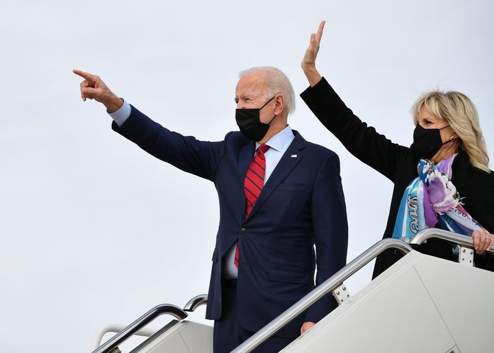 President Joe Biden and first lady Jill Biden board Air Force One before departing from Andrews Air Force Base in Maryland on Feb. 27, 2021. 