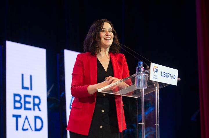 La presidenta de la Comunidad de Madrid, Isabel Díaz Ayuso, en un acto de campaña en Torrejón de Ardoz.