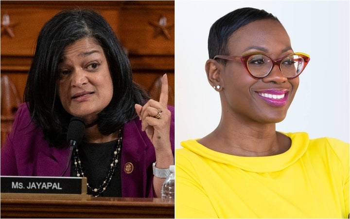 Rep. Pramila Jayapal (D-Wash.), left, endorsed former Ohio state Sen. Nina Turner's congressional bid on Tuesday. It's part of Jayapal's strategy to increase progressive influence in Congress.