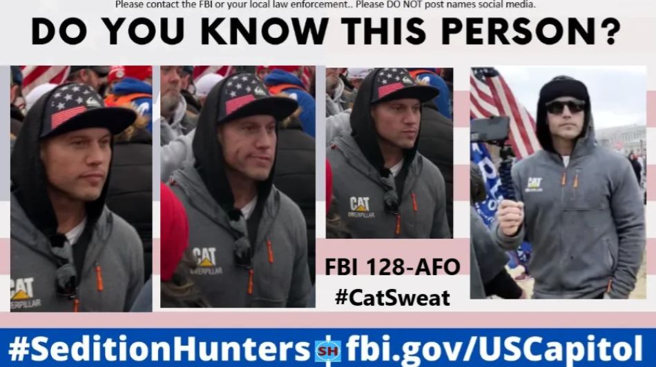 The man known as #CatSweat was wanted for assaulting officers at the Capitol.