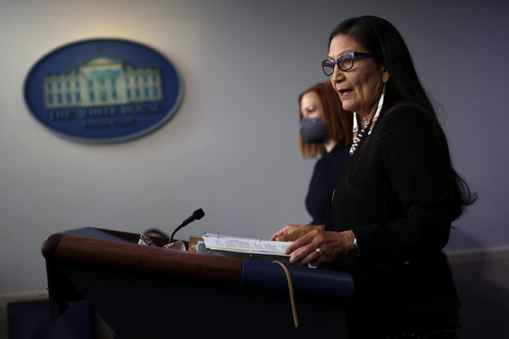 Secretary of the Interior Deb Haaland speaks during a daily press briefing at the White House on April 23.