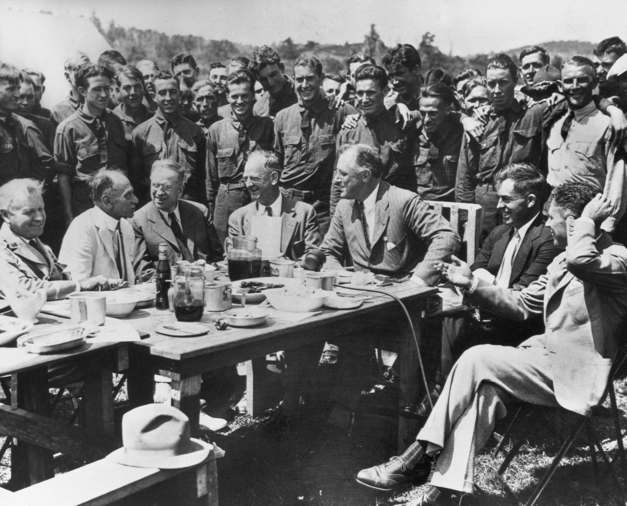 President Franklin Delano Roosevelt visits the Civilian Conservation Corps (CCC) camp in Big Meadows in the Shenandoah Valley, Virginia.