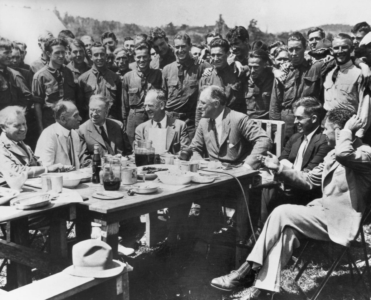 President Franklin Delano Roosevelt visits the Civilian Conservation Corps (CCC) camp in Big Meadows in the Shenandoah Valley, Virginia.