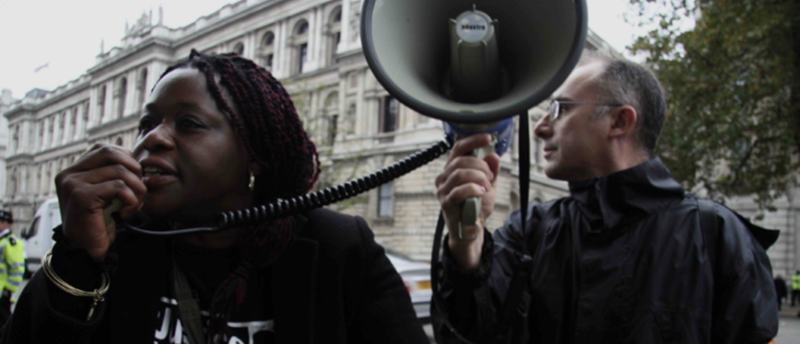 Janet campaigning with the film maker Ken Fero, whose documentary on deaths in custody, Ultraviolence, is due for release – https://ultraviolencefilm.com