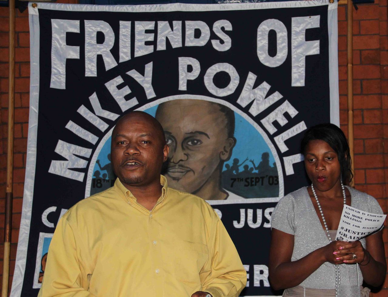 Mikey's cousin Tippa Naphtali and sister Sieta Lambrias speaking at a memorial event