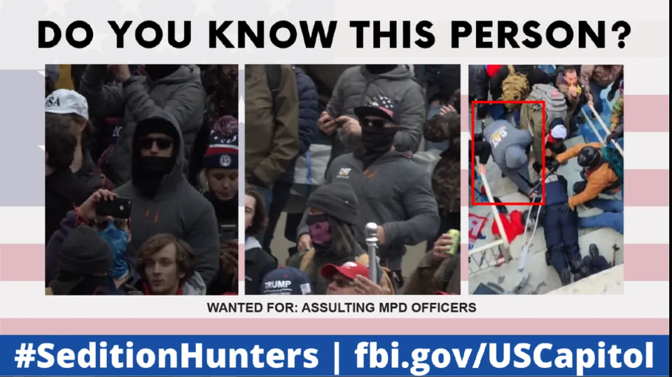 The image on the right shows #CatSweat and other insurrectionists dragging a police officer down the...