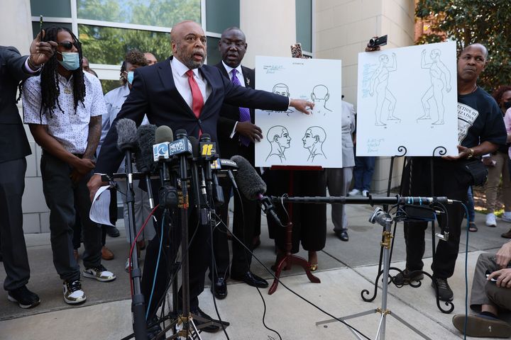 Wayne Kendall, one of the lawyers representing the family of Andrew Brown Jr., points to an autopsy chart that his team conducted showing where Mr. Brown was shot on April 27, 2021 in Elizabeth City, North Carolina. (Photo by Joe Raedle/Getty Images)