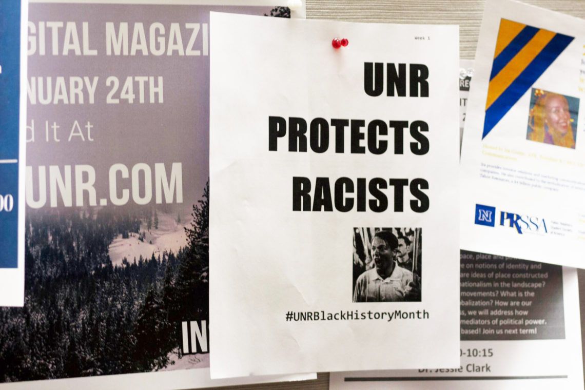A flyer on the campus of the University of Nevada, Reno, on Feb. 1, 2018, protesting student Peter Cytanovic's presence on campus. Cytanovic attended the 2017 white supremacist "Unite The Right" rally in Charlottesville, Virginia.