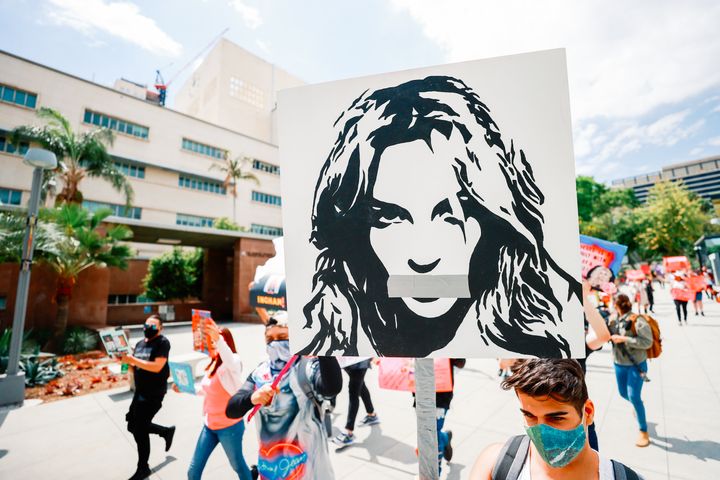 #FreeBritney activists protest outside Courthouse in Los Angeles during Conservatorship Hearing on April 27, 2021 in Los Angeles