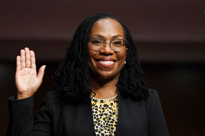 Ketanji Brown Jackson, who is nominated to be a U.S. circuit judge for the District of Columbia Circuit, is sworn in to testify before a Senate Judiciary Committee hearing on pending judicial nominations on April 28 in Washington, D.C.