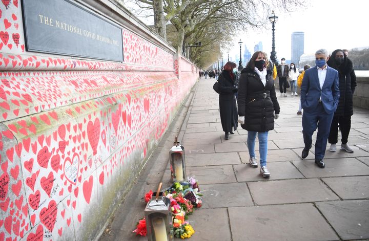Mayor of London Sadiq Khan by the National Covid Memorial Wall on the Embankment in London.