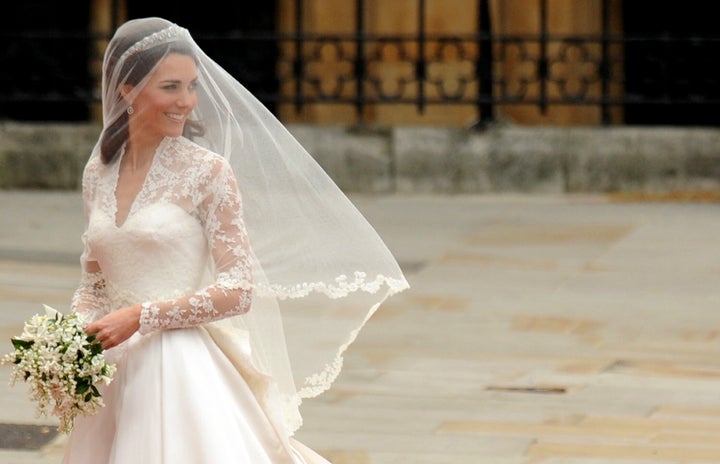 Kate Middleton arrives at the West Door of Westminster Abbey in London for her wedding to Prince William, on April 29, 2011. 