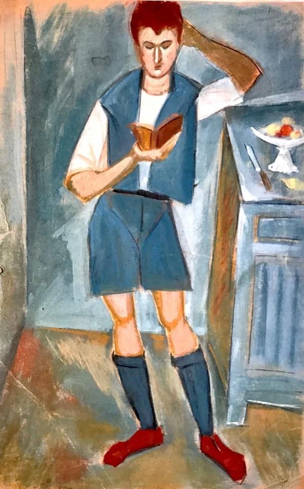 Παιδί που διαβάζει τη Σύνοψη, νεανικός πίνακας του Δανιήλ, αναφορά στον Κόντογλου (γκαλερί Ρώμα).
