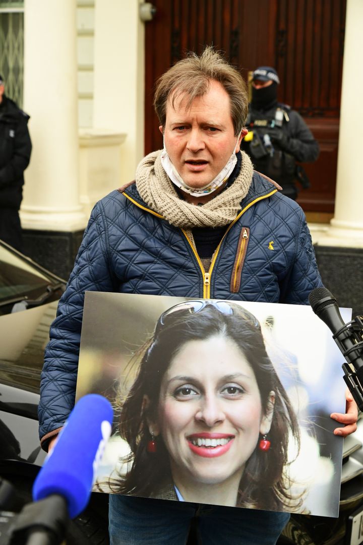 Richard Ratcliffe, the husband of Nazanin Zaghari-Ratcliffe, takes part in a protest outside the Iranian Embassy in London. Ms Zaghari-Ratcliffe has completed a near five-year sentence in the Islamic Republic over allegations of plotting to overthrow its government - charges which she vehemently denies. Picture date: Monday March 8, 2021.