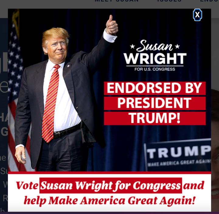 A pop-up boasting about former President Donald Trump's endorsement of Susan Wright appears on her campaign website.