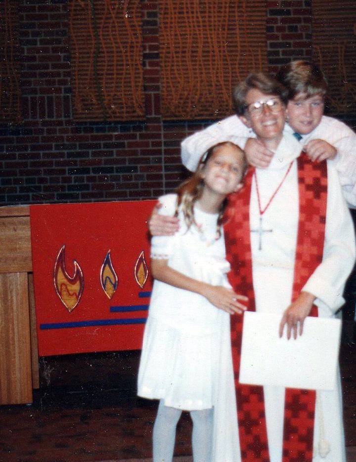 The author on ordination day with her son, Liam, and daughter, Maggie, at Trinity Lutheran Seminary, Bexley, Ohio (1993).