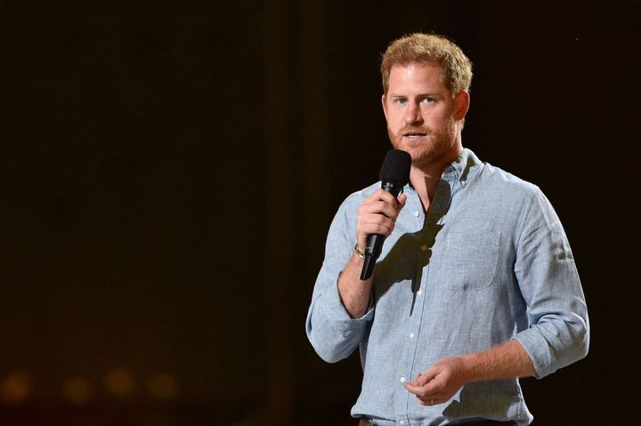 Prince Harry speaks onstage during Global Citizen "Vax Live: The Concert to Reunite the World" at SoFi Stadium in Inglewood, California.