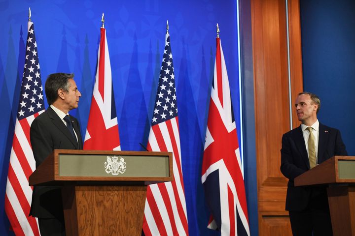 In this May 3, 2021, photo, Britain's Foreign Secretary Dominic Raab, right, and U.S. Secretary of State Antony Blinken speak at a news conference at Downing Street in London. A flurry of diplomatic activity and reports of major progress suggest that indirect talks between the U.S. and Iran may be nearing a conclusion. That's despite efforts by U.S. officials to play down chances of an imminent deal that would bring Washington and Tehran back into compliance with the 2015 nuclear deal. (Chris J. Ratcliffe/Pool Photo via AP)