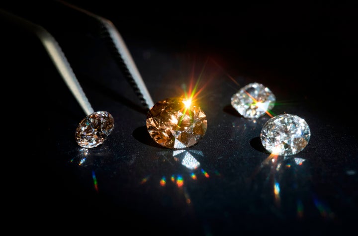 This picture taken on September 23, 2019, in Paris, shows lab-grown diamonds in the headquarters of the Diam-Concept company.