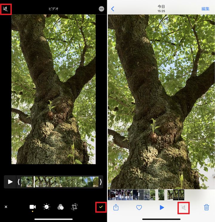 ▲左上のスピーカーのアイコンをタップして消音状態に（左）。そのまま右下のチェックマークをタップ。すると、音声のない動画が作成できた（右）
