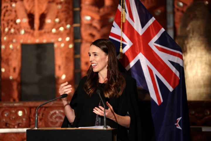 AUCKLAND, NEW ZEALAND - MARCH 26: New Zealand Prime Minister Jacinda Ardern holds a joint press conference with Cook Islands Prime Minister Mark Brown at the Auckland War Memorial Museum on March 26, 2021 in Auckland, New Zealand.Cook Islands Prime Minister Mark Brown is the first international leader to visit New Zealand since the COVID-19 border closure. (Photo by Phil Walter/Getty Images)