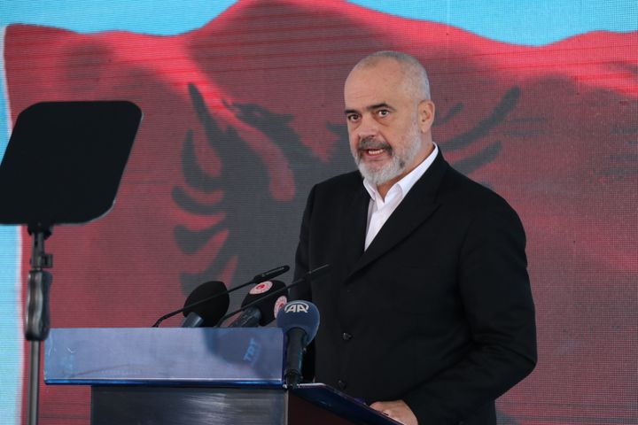 LAC, ALBANIA - DECEMBER 23: Albanian Prime Minister Edi Rama speaks during the groundbreaking ceremony for 522 houses to be built in Albania by Housing Development Administration of Turkey (TOKI), in Lac, Albania on December 23, 2020. (Photo by Olsi Shehu/Anadolu Agency via Getty Images)