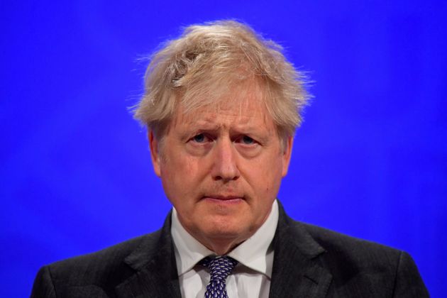Boris Johnson en conférence de presse en avril 2021 à Downing