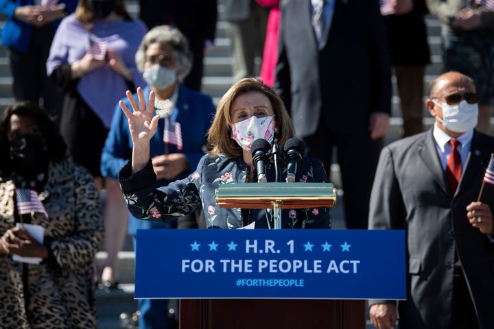 Speaker of the House Nancy Pelosi (D-Calif.) speaks during a news conference with other House Democrats to discuss H.R. 1, the For the People Act, ahead of its passage in the House on March 3.