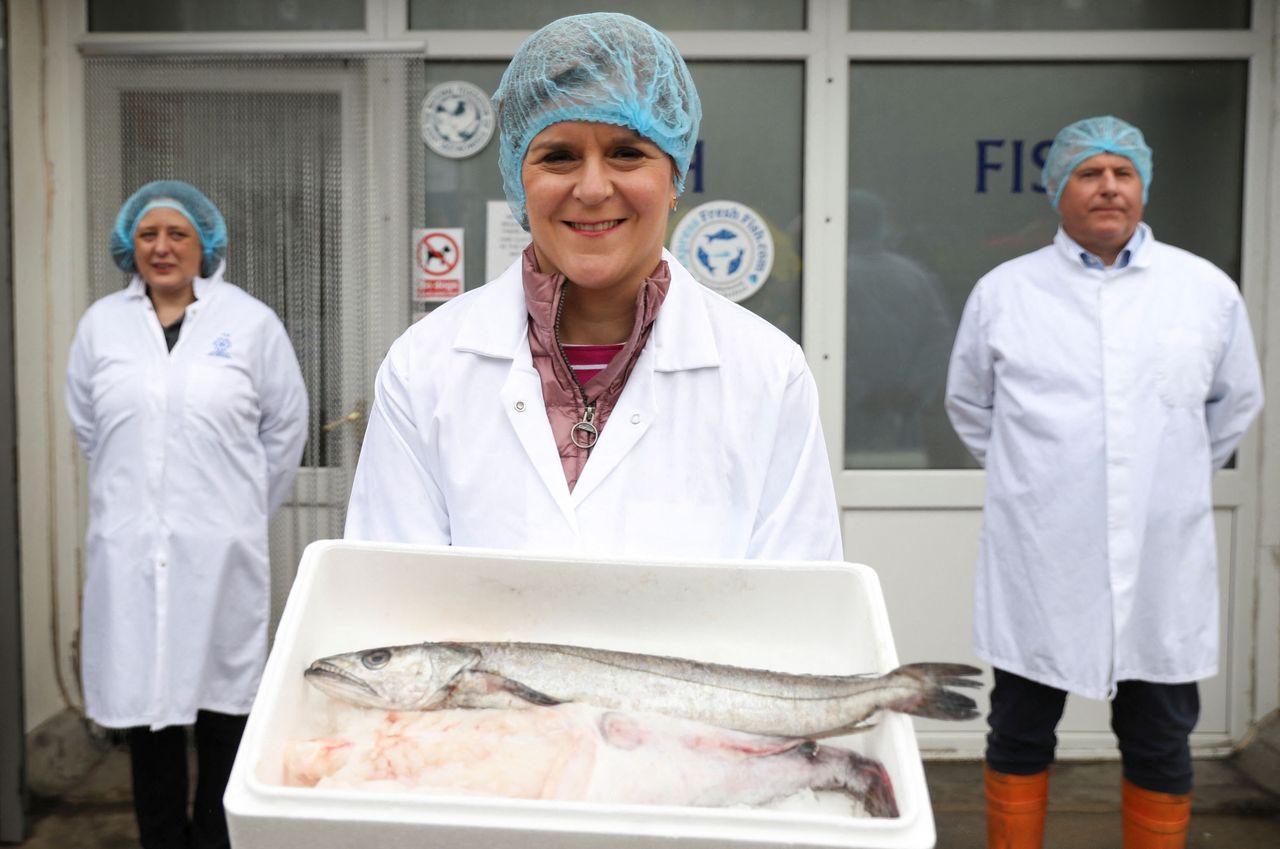 Scottish first minister Nicola Sturgeon visits a fish processing plant as she campaigns in Aberdeen