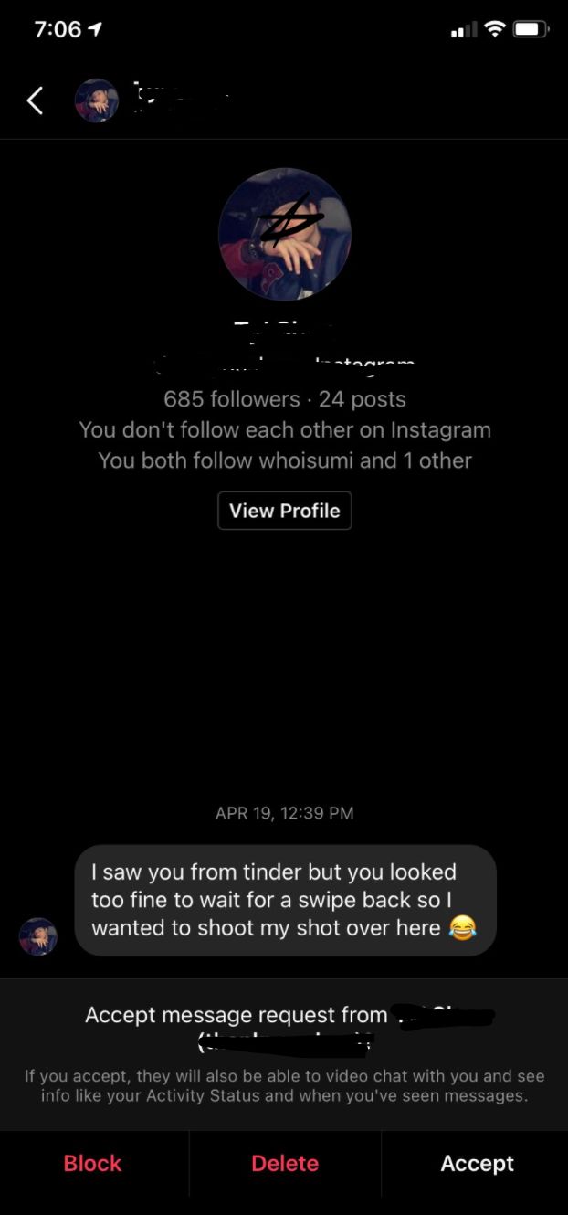 A direct message Umi Terukina received from someone she never swiped right on on Tinder.