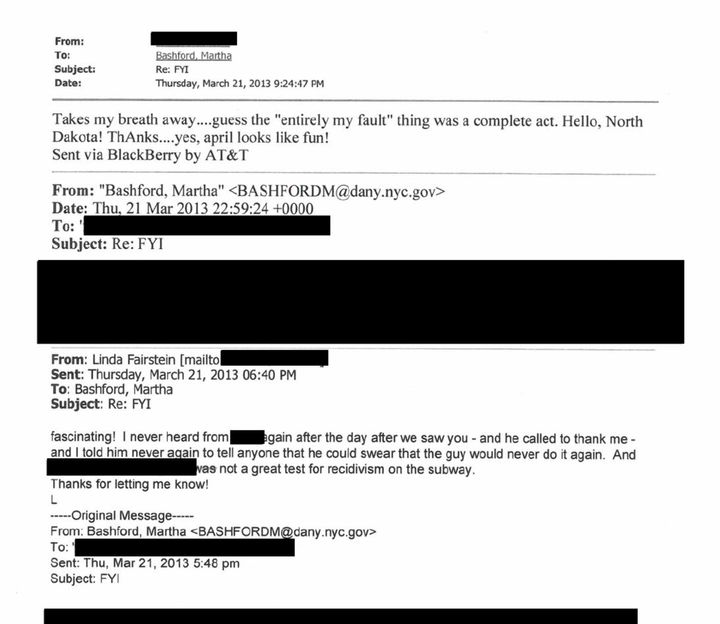 An email exchange between Bashford and Fairstein about the case of Dr. Levinson.