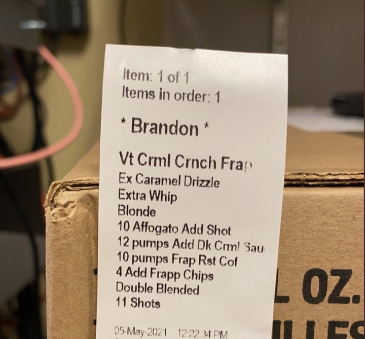 Victoria, a Starbucks shift supervisor in Virginia, shared a recent example of an elaborate coffee order with 21 espresso shots she received.