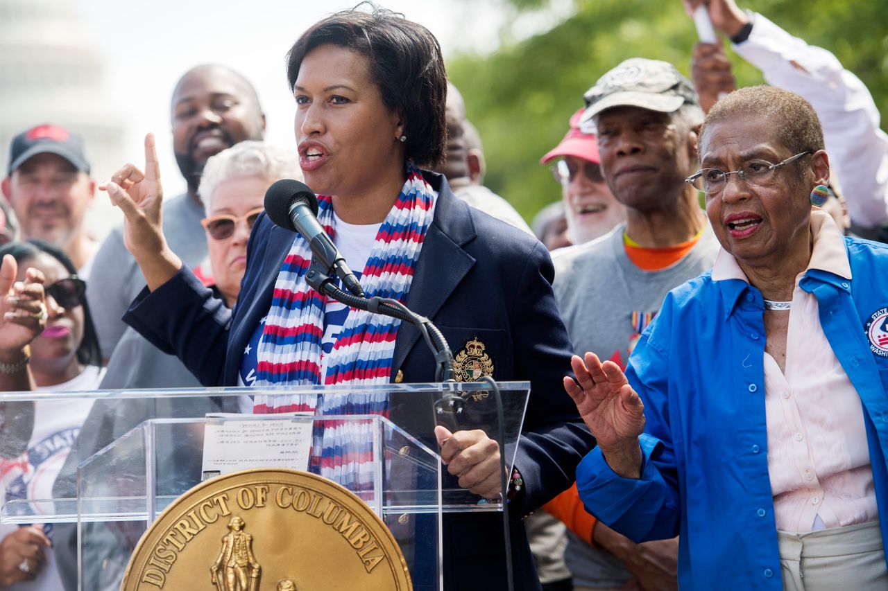 D.C. Mayor Muriel Bowser and Del. Eleanor Holmes Norton (right) speak at a rally for D.C. statehood in 2021.