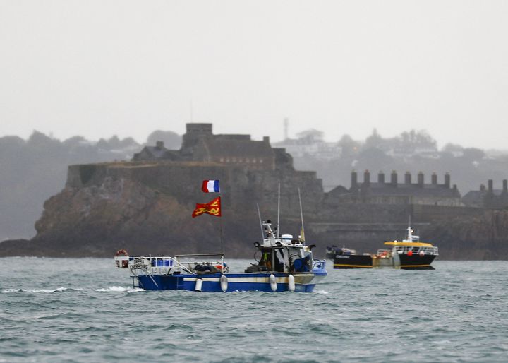 French fishing boats protest in front of the port of St Helier off the island of Jersey.
