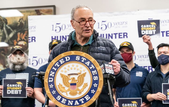 Senate Majority Leader Chuck Schumer (D-N.Y.) speaks at a news conference at Hunter College in New York City on federal proposals to cancel student debt.