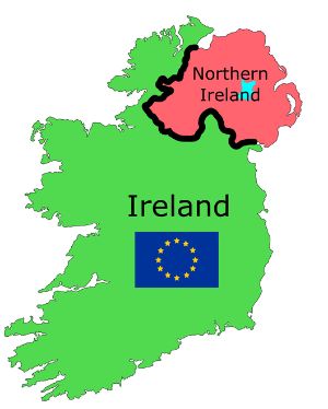 南北に分かれた、アイルランド島。赤い部分が北アイルランド