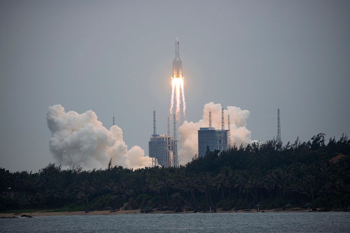 China’s space agency has yet to say whether the main stage of the huge Long March 5B rocket is being controlled or will