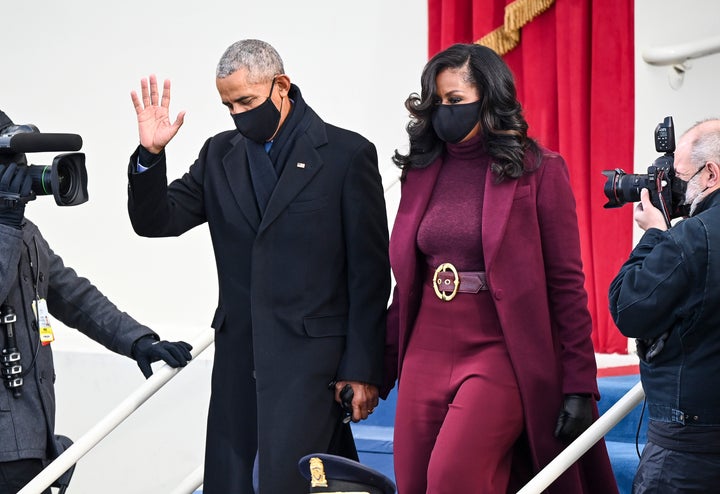 Former President Barack Obama and Michelle Obama arrive before Joe Biden is sworn in as 46th President of the United States on Jan. 20 in Washington, D.C.