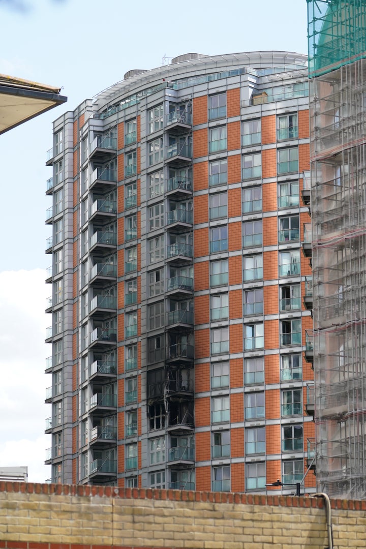 <strong>Damage to a 19-storey tower block in New Providence Wharf, east London.</strong>