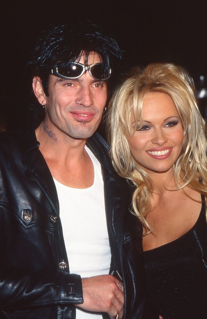 Tommy Lee and Pamela Anderson attend the Barb Wire Party during the 47th Annual Cannes Film Festival on May 20, 1994 in Cannes, France. (Photo by Stephane Cardinale/Sygma via Getty Images)