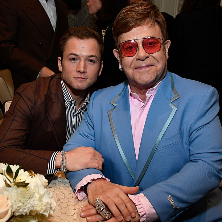 (L-R) Taron Egerton and Elton John attend The BAFTA Los Angeles Tea Party at Four Seasons Hotel Los Angeles at Beverly Hills on January 04, 2020 in Los Angeles, California. (Photo by Kevork Djansezian/BAFTA LA/Getty Images for BAFTA LA)