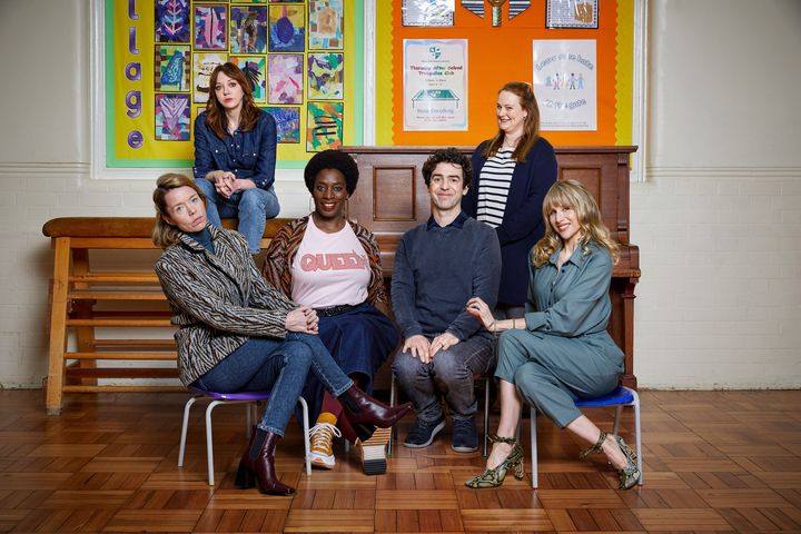 The cast of Motherland (L-R): Julia (Anna Maxwell Martin), Liz (Diane Morgan), Meg (Tanya Moodie), Kevin (Paul Ready), Anne (Philippa Dunne) and Amanda (Lucy Punch)