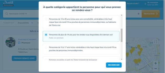 Capture d'écran du site Doctolib, où il est désormais possible de prendre rendez-vous pour se faire vacciner contre le Covid-19 à partir de 18 ans