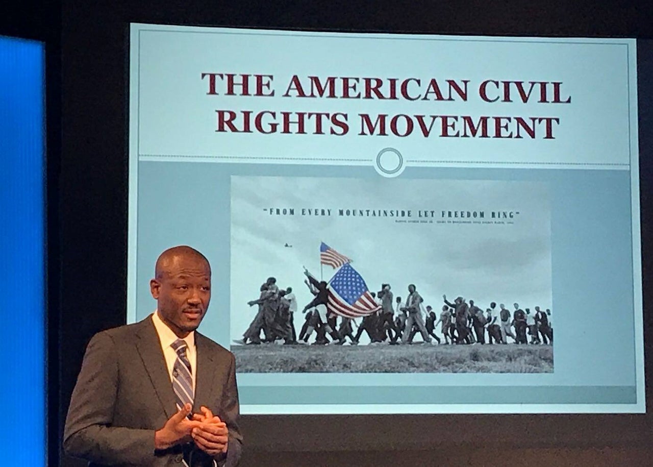 Chris Richardson giving a presentation on Black History Month in Madrid in 2018. Like many well-regarded diplomats, he left the department during President Donald Trump's administration.