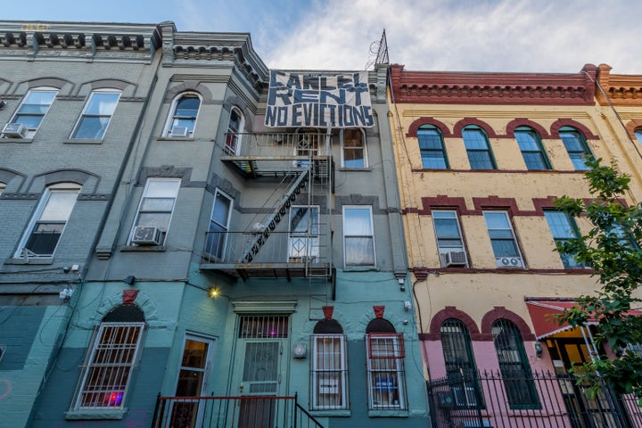 Tenants and housing activists dropped banners from their buildings and organized a march in the streets of Bushwick, Brooklyn, last year to demand the city cancel rent during the coronavirus pandemic.