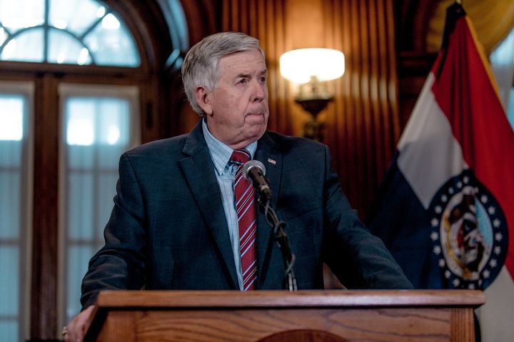 Missouri Gov. Mike Parson (R) at a news conference in 2019. This week, he blamed federal unemployment benefits for a worker shortage in his state.